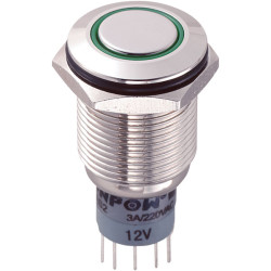 Zip Switch LAS2GQF-22ZE/G/12V/N/P 16mm IP67 Vandal Switch DPDT On-On Green LED