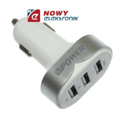 Ładowarka USB x3 sam. 4.4A Biało /srebrna USB 5V, wej. 12-24V NE