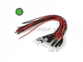 Dioda LED 5mm 12V DC zielona clear; przewód 20cm