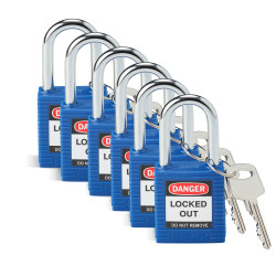 Kłódka zabezpieczająca średnica szekli: 6.35mm Brady z kluczem W budynkach, na zewnątrz nylonowo-stalowa Niebieski