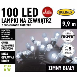Lampki Bulinex 100led białe zimne 9,90m zewnętzrne z dodatkowym gniazdem sznur