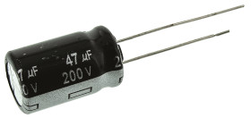 Kondensator 47μF 200V dc Radialny, Otwór przelotowy Panasonic roztaw: 5mm 12.5 (Dia.) x 20mm