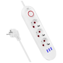 Listwa zasilająca Maclean, przedłużacz 3gniazda + 3xUSB, 110-240V AC 50/60Hz, 2.1A max 2500W, 1,5m, biała ,MCE394 W