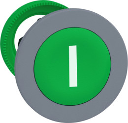 Pushbutton, labeled I, unlit, groping, waistband round, green, front ring light gray, mounting Ø 30.5 mm, ZB5FA331C0