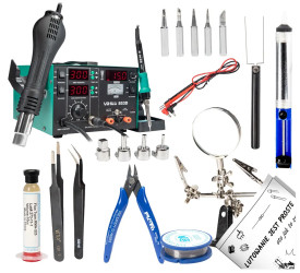 Zestaw stacja lutownicza 853D 1A 15V- groty, cyna, topnik, odsysacz, pinceta, uchwyt, cążki