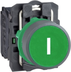 Pushbutton, labeled I, unlit, groping, 1 Form A (N/O), waistband round, green, front ring light gray, mounting Ø 22.5 mm, XB5AA3