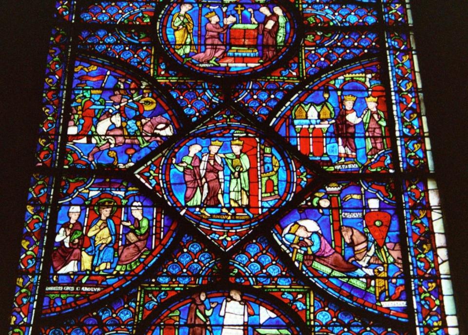 Chartres's stained glass windows are amazing. This shows the life of Holy Roman Emperor Charlemagne (741-814)