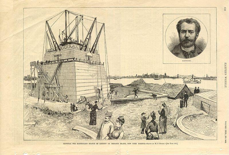 Construction of Liberty's base on Bedloe Island, NY, 1885