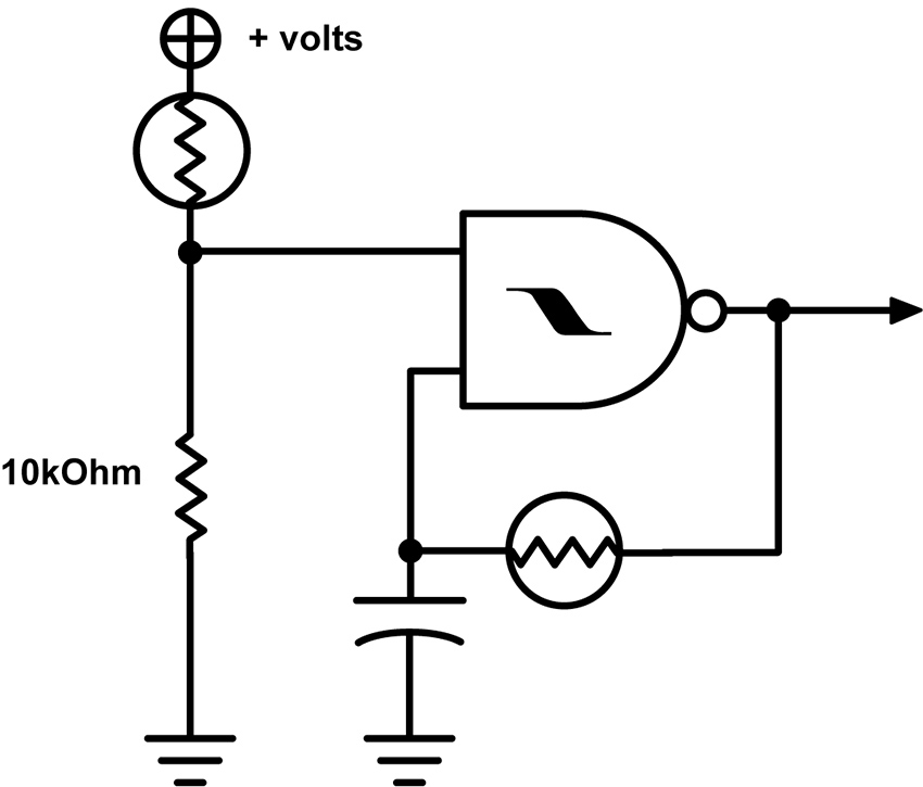 Photoresistor-gated oscillator with photoresistor-controlled frequency