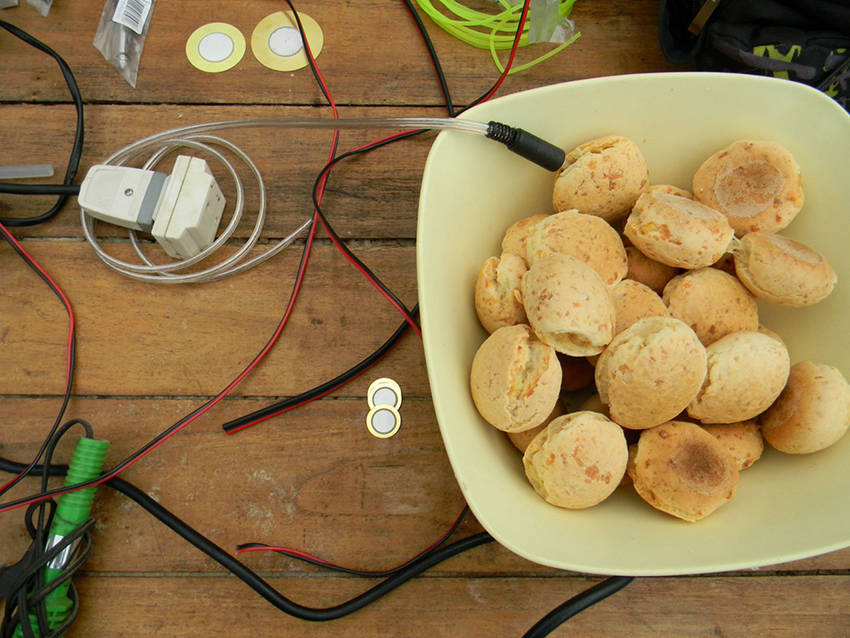 A bowl with chipá (a typical food from Paraguay and some regions of Argentina and Brazil) in a hardware hacking workshop