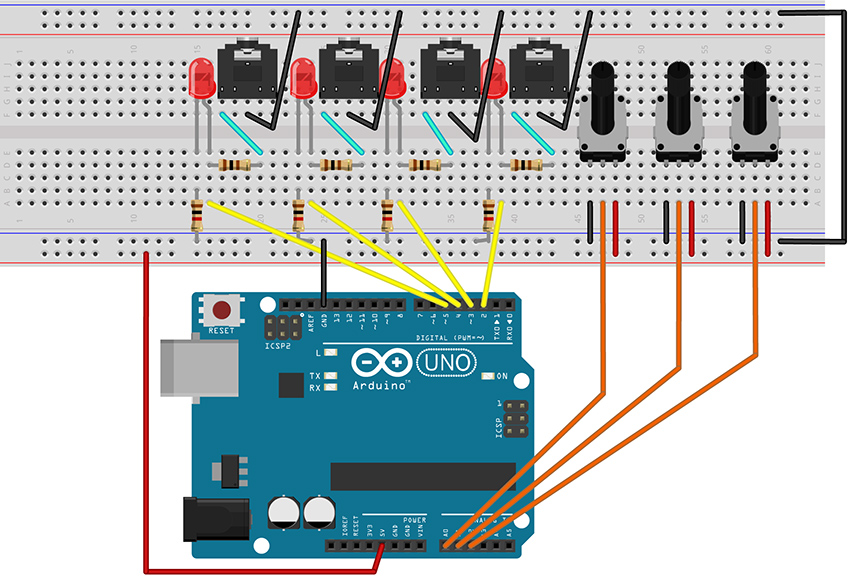 Fritzing breadboard image of rhythm generation circuit