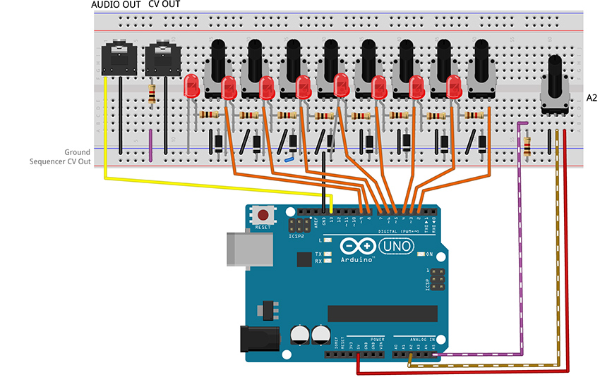 Fritzing breadboard image of basic step sequencer