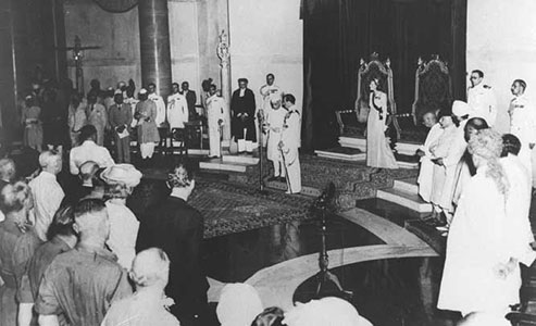 Lord Mountbatten swears in Jawaharlal Nehru as the first Prime Minister