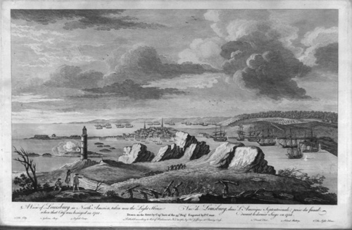 An engraving by Pierre Charles Canot from 1768 depicting Louisbourg when it was besieged