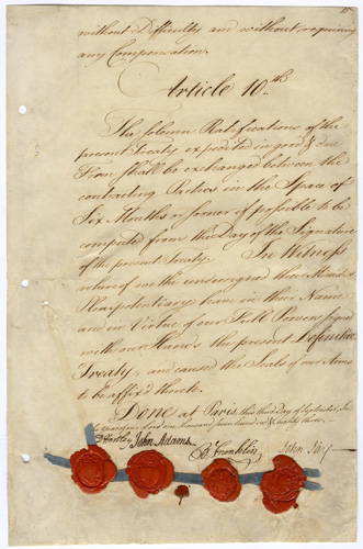 The signature page of the Treaty of Paris, with the American signatures clearly visible