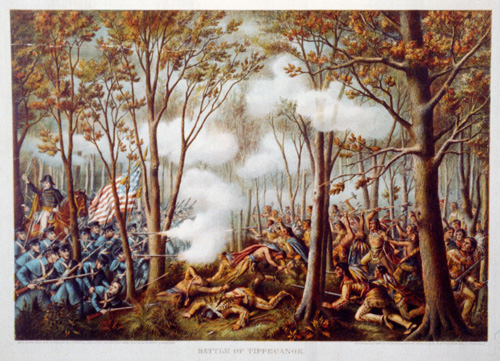 An 1889 print showing William Henry Harrison's troops fighting Tenskwatawa forces at the Battle of Tippecanoe