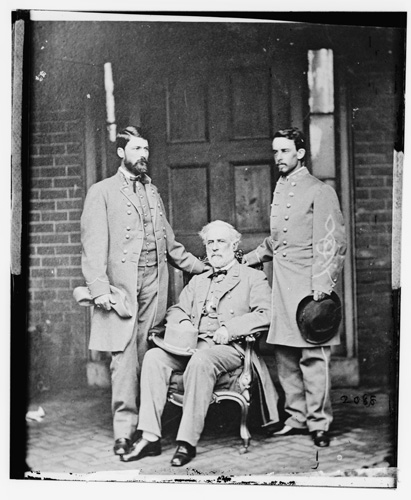 Commander of the Army of Northern Virginia, Robert E. Lee. The man to Lee's right is his son, George Washington Custis Lee, who served as President Jefferson Davis's aide-de-camp. To Lee's left is Walter Taylor, the general's aide-de-camp