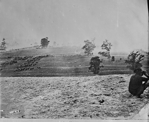 A rare Civil War photograph of a scene that is not outwardly staged. This picture is probably from the afternoon of September 18, the day after the battle. The man with binoculars is placed in front of McClellan's headquarters, looking toward Antietam Creek. The inactive artillery unit in the background is thought to be General Andrew A. Humphreys' Fifth Corps division