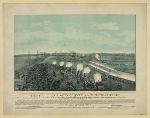 A lithograph of the Battle of Stones River, sketched by A. E. Mathews, 31st Regiment, O.V.I. The caption reads,
