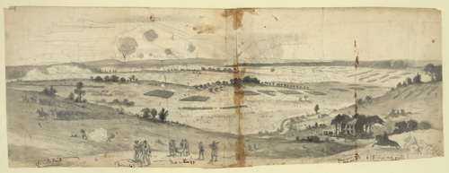 A sketching of the Second Battle of Bull Run, drawn by Edwin Forbes. The sketching has numbers labeling key features and moments of the battle. They are: (1) Thoroughfare Gap (2) Confederate Line of Battle (3) The old Railroad embankment behind (4) The old Stone House on the Turnpike used as a hospital (5) Warrenton Turnpike (6) Baldface Hill (7) Henry Hill (8) Union Line of Battle (9) McDowell's Corps moving to the left flank to repel Longstreet's attack, which had just commenced (10) Sudley Springs road