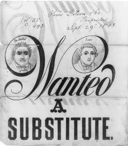 An illustrated sheet music cover, which protests the inequities of the draft or proscription system enacted under the Enrollment Act of 1863. The act allowed drafted men to purchase an exemption or to furnish a surrogate or "substitute" in lieu of their own service. The unfairness of the measure to the economically disadvantaged is dramatized in the illustration to this piece, showing the bust portrait of one man, "I'm drafted," in contrast to that of an obviously more well-to-do young man, "I aint"