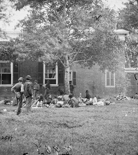 Wounded soldiers from the Battle of the Wilderness at a hospital in Fredericksburg, Virginia