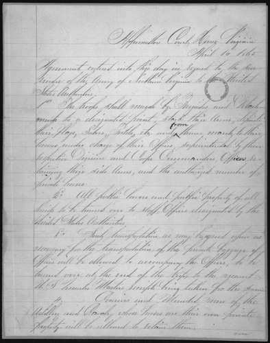 The Articles of Agreement that generals Lee and Grant wrote and signed on April 10, 1865