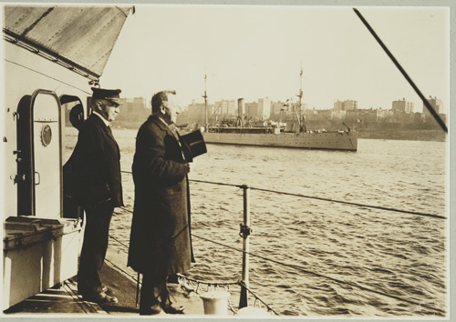 Josephus Daniels, the Secretary of the Navy who strengthened the branch considerably, reviewing the mine sweeper fleet in the Hudson River