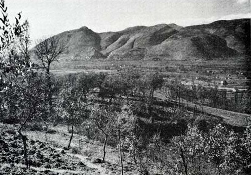 Looking west across the Rapido River valley in February 1944, the monastery is visible on the summit of Monte Cassino farthest to the left