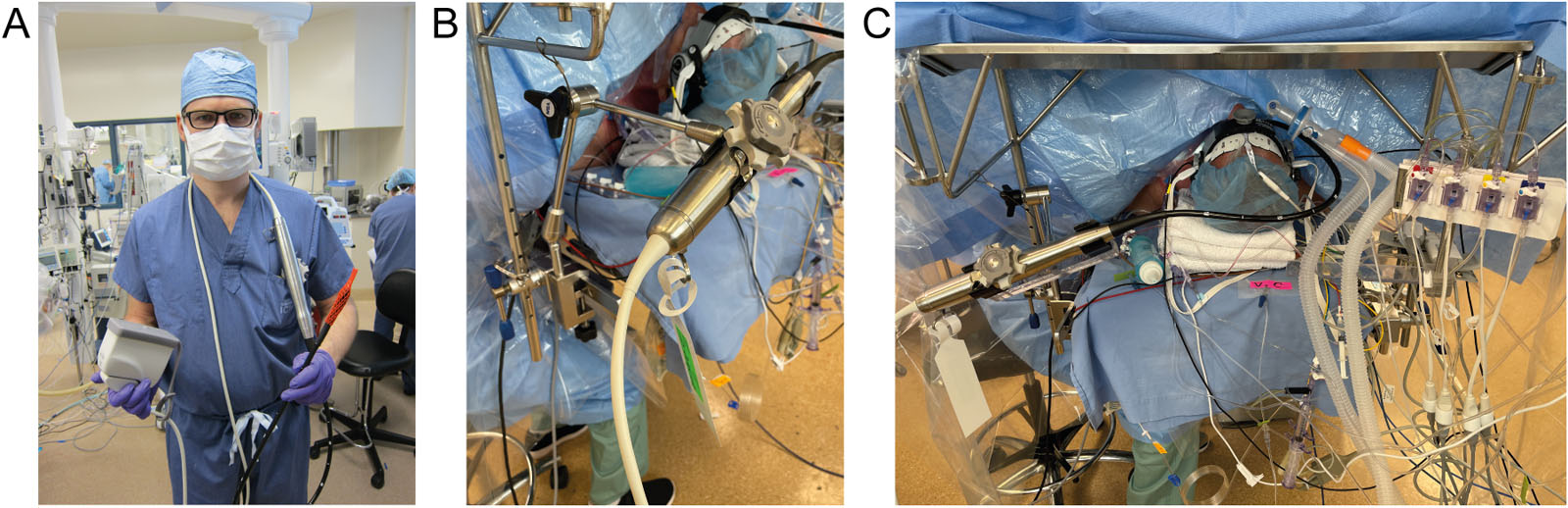 TEE probe protection. (A) The operator holds the connector and distal probe in both hands during transport to avoid damaging the TEE probe. (B) Custom made TEE probe holder<sup>66</sup> and (C) satellite operating metallic table can stabilize and protect the TEE probe. Abbreviation: TEE, transesophageal echocardiography.