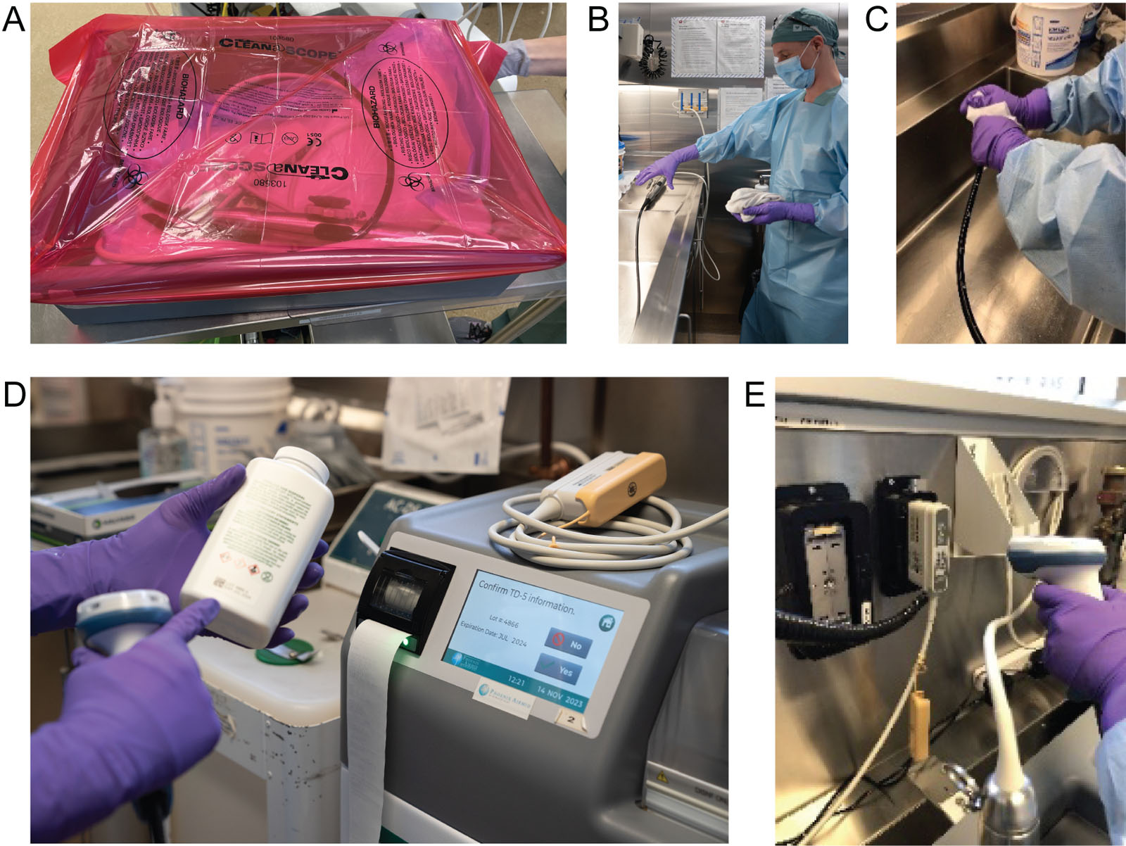 MDRD. (A) The soiled TEE probe arrives in a red-covered plastic box in the MDRD. (B, C) The probe undergoes a manual inspection and washing using an enzymatic solution. (D) After probe transfer to an automated probe washer-disinfector (TEE-CLEAN using TD5) for a 30 minutes cycle followed by hand-held drying. (E) The disinfectant, cleaning enzyme, and the probe serial number are scanned for quality control.<em> Abbreviations</em>; MDRD, medical device reprocessing department; TEE, transesophageal echocardiography.<i class='fa fa-video-camera' aria-hidden='true'></i>
