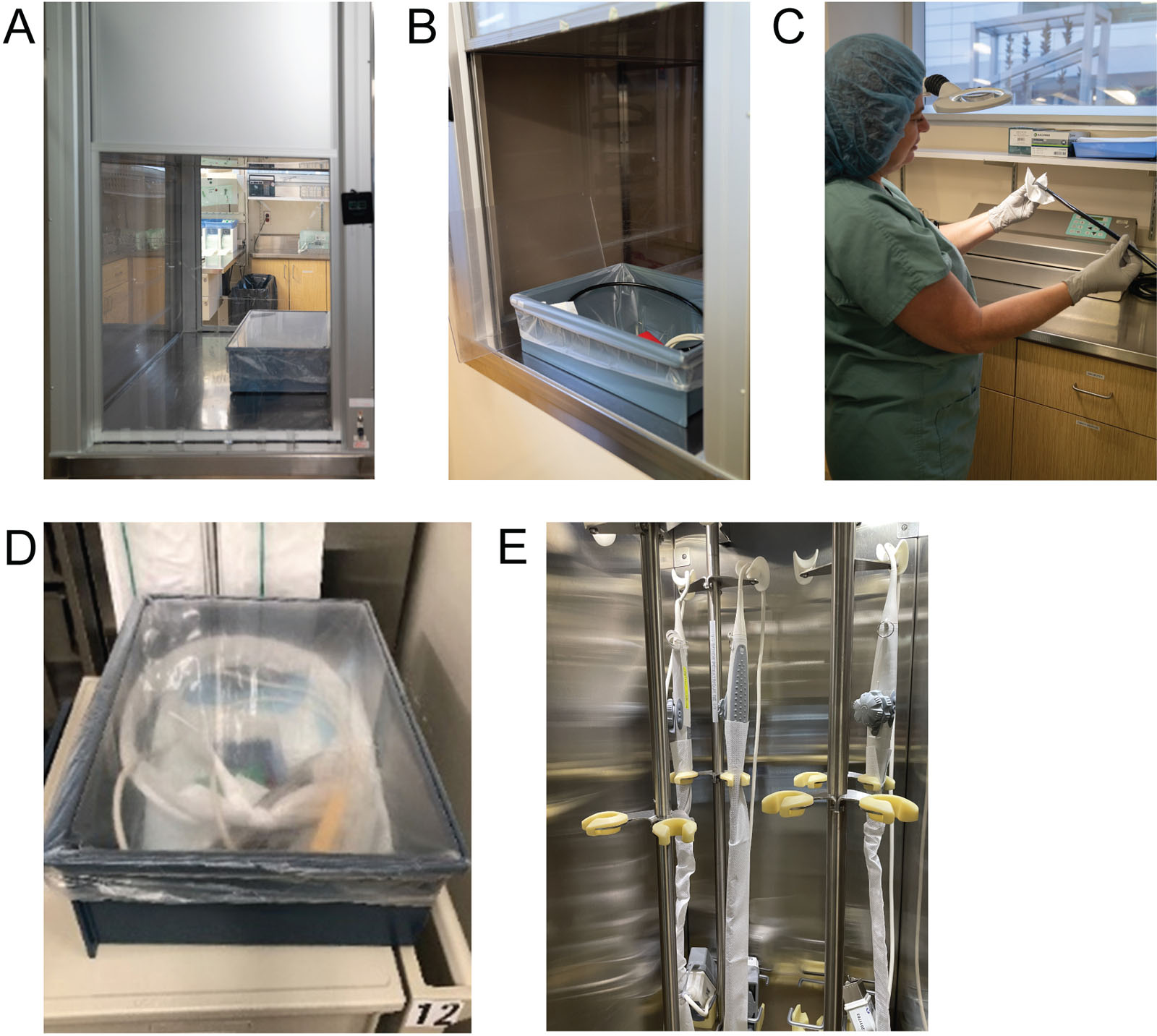 Post-sterilization unit. (A) A pass-through hatch separates the soiled area from the clean area in the MDFR. (B) The clean TEE probe moves to this unit (C) for a second inspection and the attachment of a 7-day expiration tag. (D) The clean TEE probe is placed in a box with a clear plastic cover. After removing the probe from the cabinet, the enzyme foam is placed for future transport and post-op utilization. (F) In the OR, all clean TEE probes hang in ventilated storage cabinet. The entire cleaning process takes 90 minutes.<em> Abbreviations</em>: MDRD, medical device reprocessing department<strong>;</strong> OR, operating room; TEE, transesophageal echocardiography. Courtesy of Mounia Boulmerka.