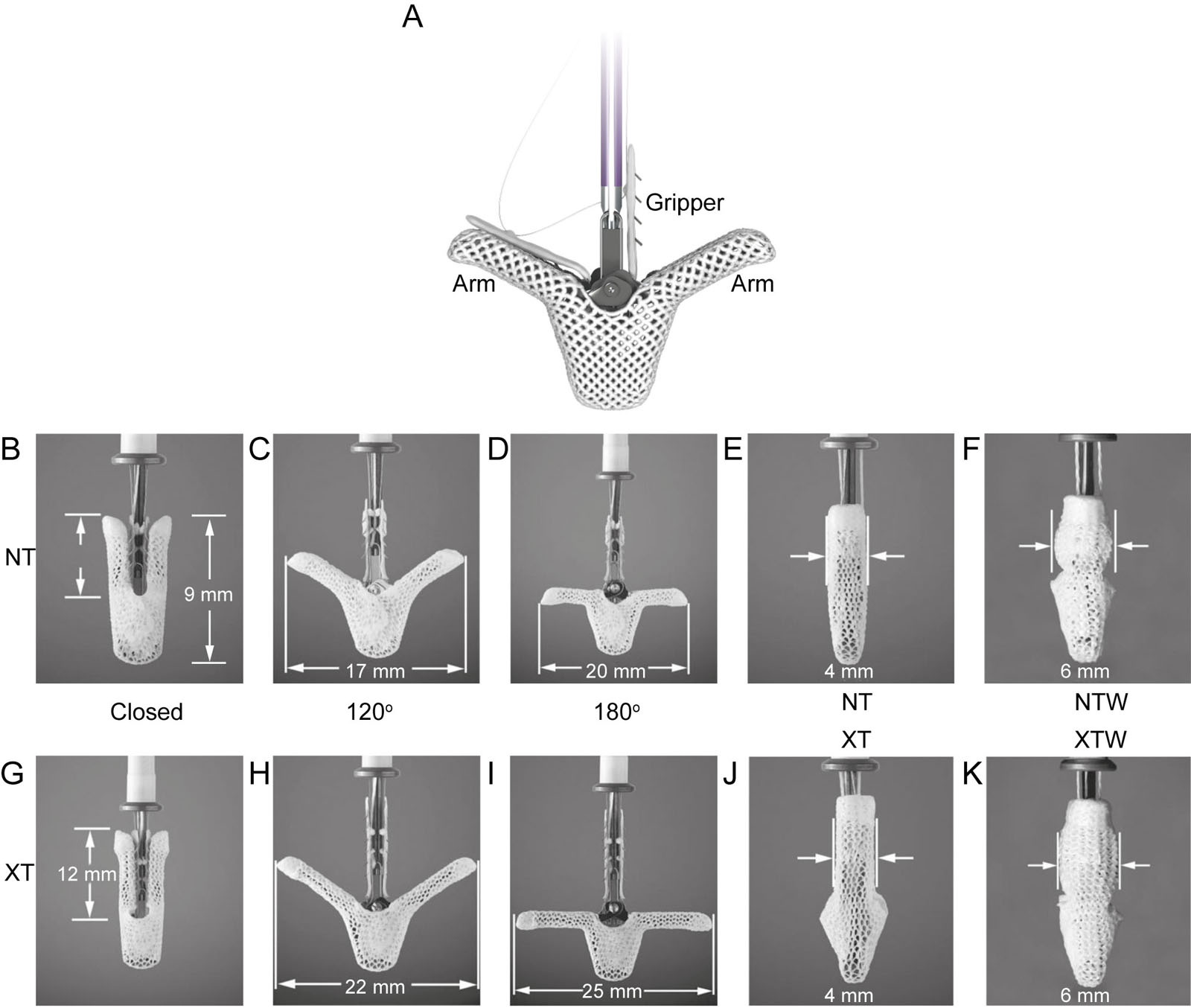 MitraClip<sup>TM </sup>devices. (A) This is a MitraClip<sup>TM</sup> used for transcatheter MV repair procedure to treat MR. These are photos of differentclips (A-F) NT and (G-K) XT which vary in size and clip opening angles. (Source: Abbott).