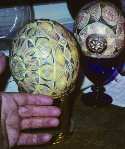 Ostrich eggs with Ukrainian wax resist dye