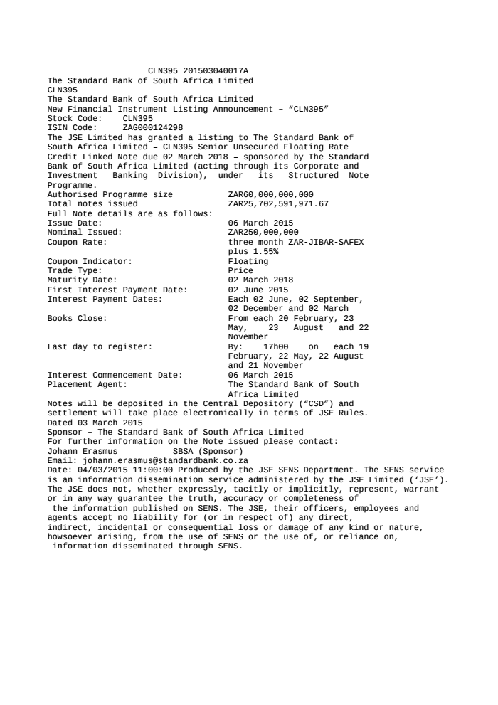 the standard bank of sa ltd the standard bank of south africa limitedcln395