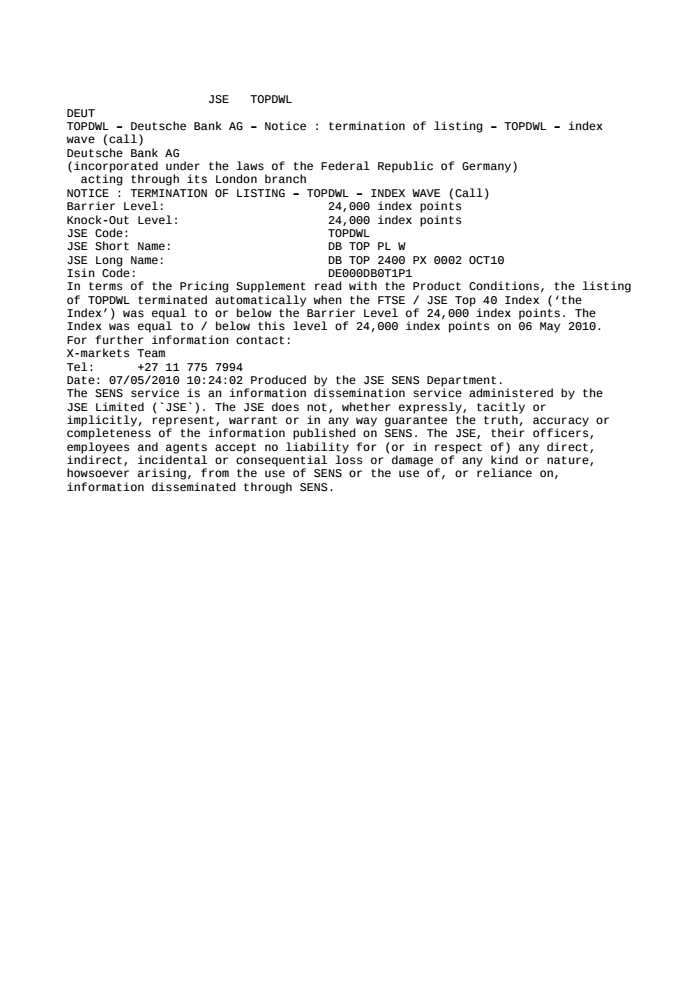 Topdwl Deutsche Bank Ag Notice Termination Of Listing Topdwl Index