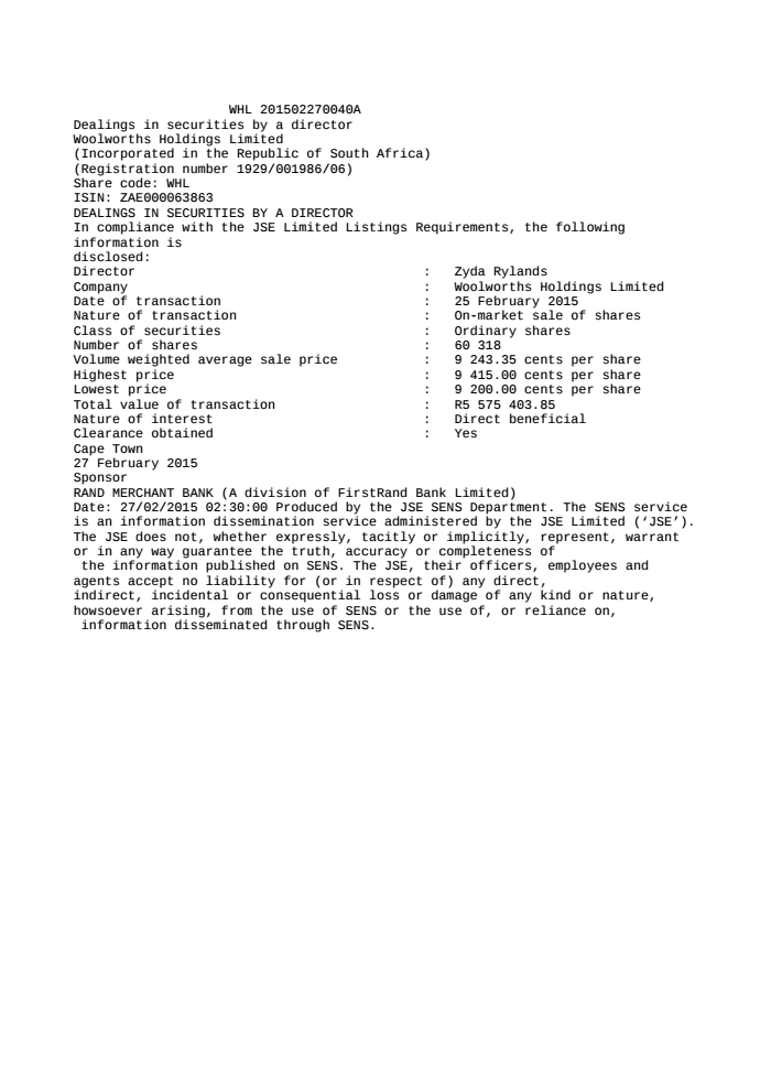 woolworths holdings limited dealings in securities by a director