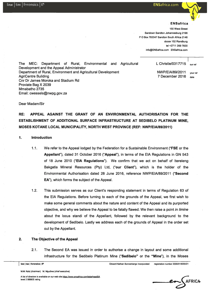 ENSafrica EA Appeal Response 20161206