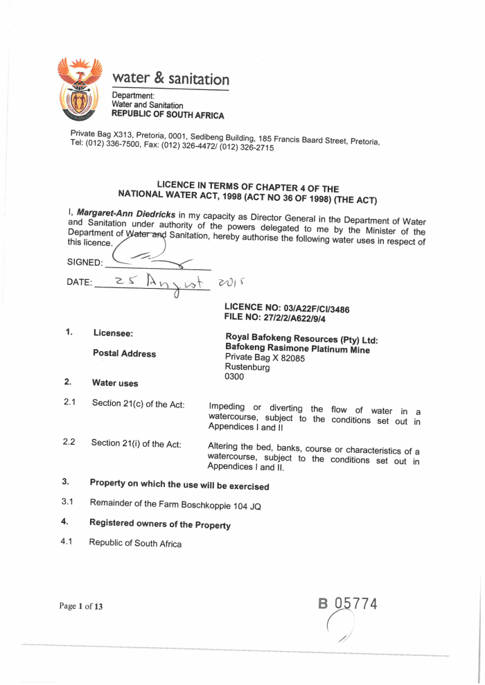 170203 Water Licence Royal Bafokeng Resources