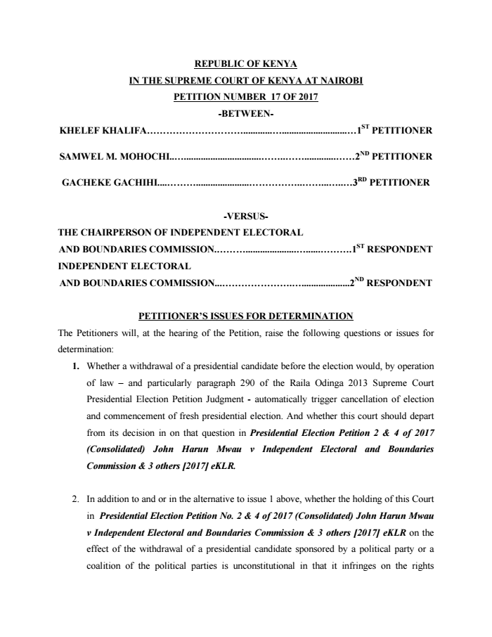 Issues For Determination In Petition 17 Of 2017 Khelef Khalifa V issues-for-determination-in-petition-17-of-2017-khelef-khalifa-v