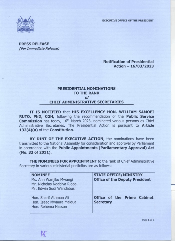 Notification of presidential action 16 03 2023 presidential