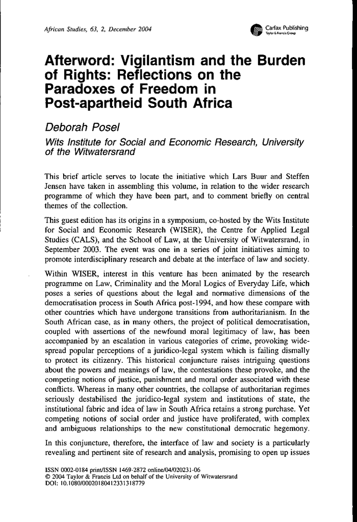 Vigilantism And The Burden Of Rights By Deborah Posel 2004 Vigilantism And The Burden Of Rights By Deborah Posel 2004