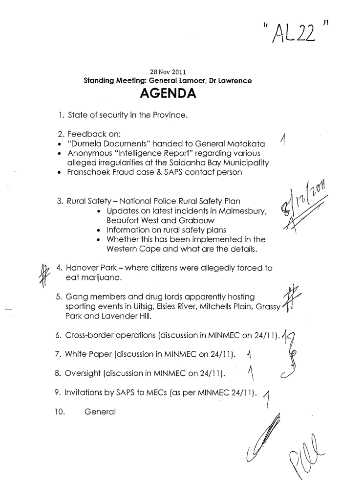 Annexure "AL22" Agenda of Standing Meeting Between General Lamoer and