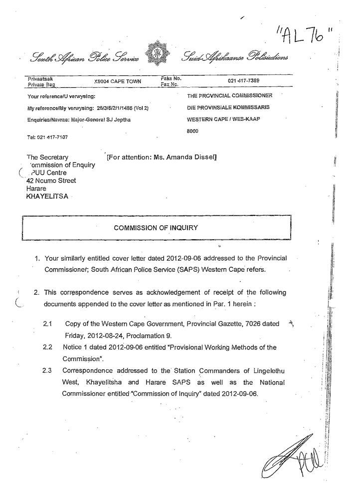 Annexure AL76 Letter From Acting Provincial Commissioner SJ Jephta Annexure AL76 Letter From Acting Provincial Commissioner SJ Jephta