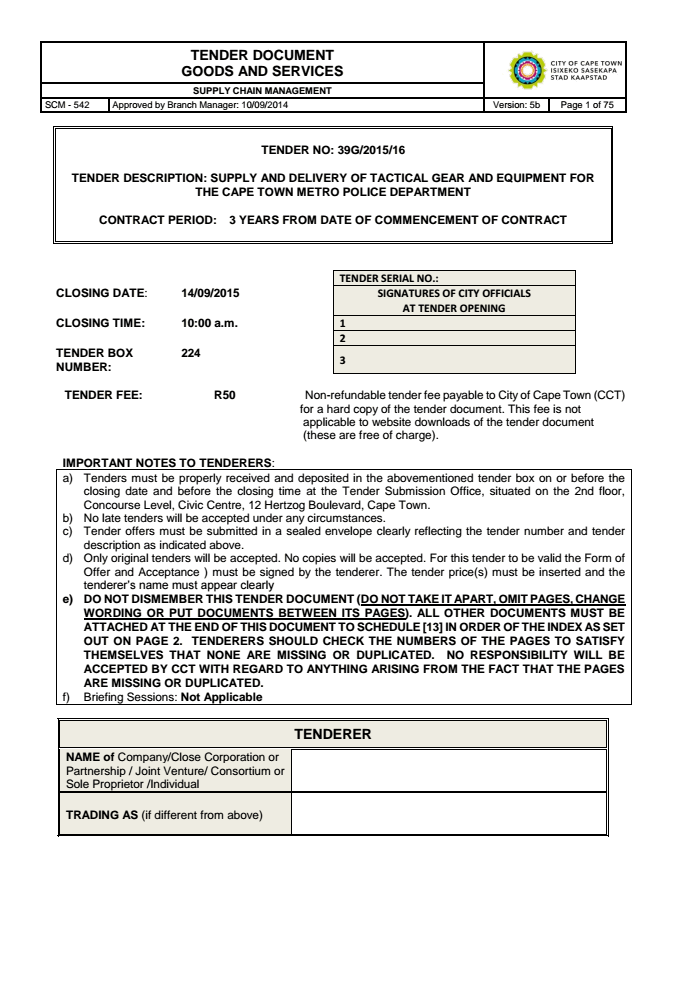 Supply and Delivery of Tactical Gear for Cape Town Metro Police