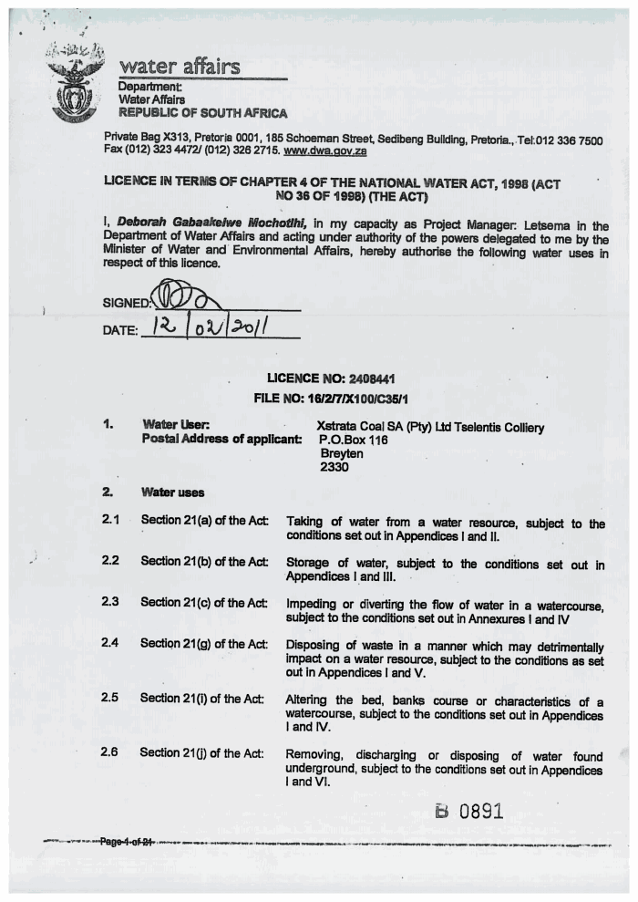 WaterUseLicenceBothasrust211IS/ Lilliput 83 IT/Witbank 82 IT