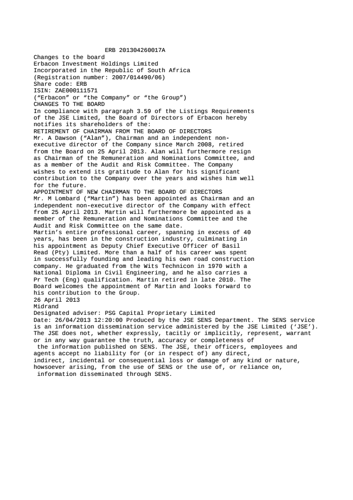 erbacon investment holdings limited changes to the board