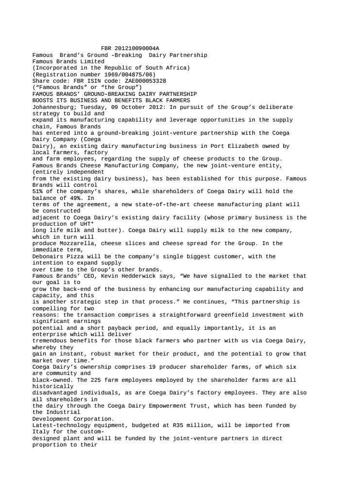 famous brands limited famous brands ground breaking dairy partnership