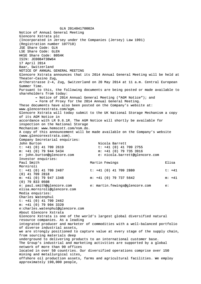glencore xstrata plc notice of annual general meeting