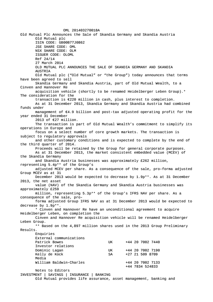 old mutual plc old mutual plc announces the sale of skandia germany and